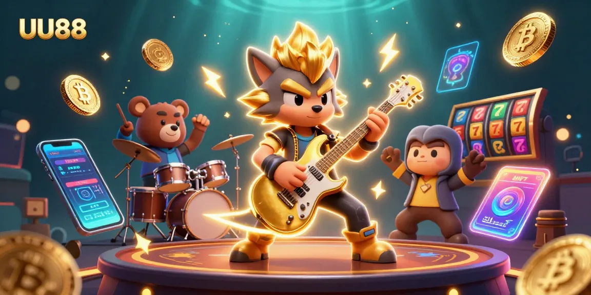 Experience thrilling gaming at UU88 with an energetic 3D scene filled with vibrant gambling characters and Bitcoin visuals.