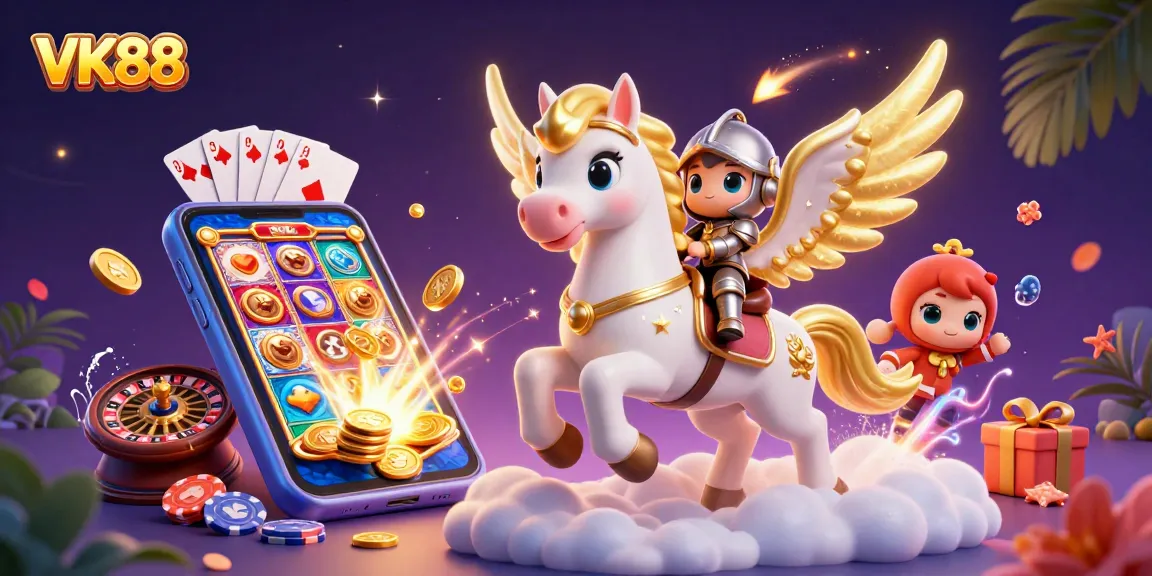 VK88 delivers thrilling casino action with a celestial knight and golden coins cascading around
