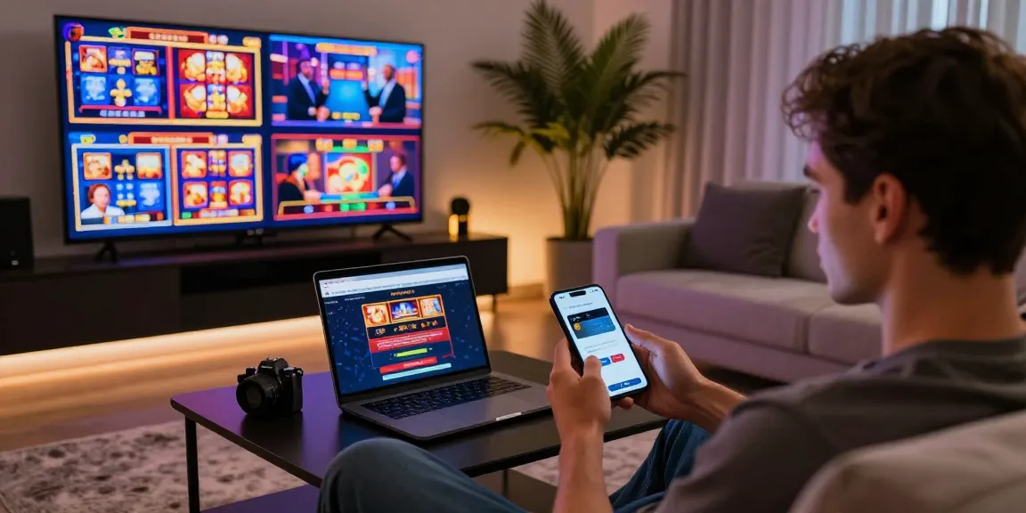 Engaging scene of players enjoying casinos that accept credit cards with smartphones and laptops, showcasing vibrant game graphics.