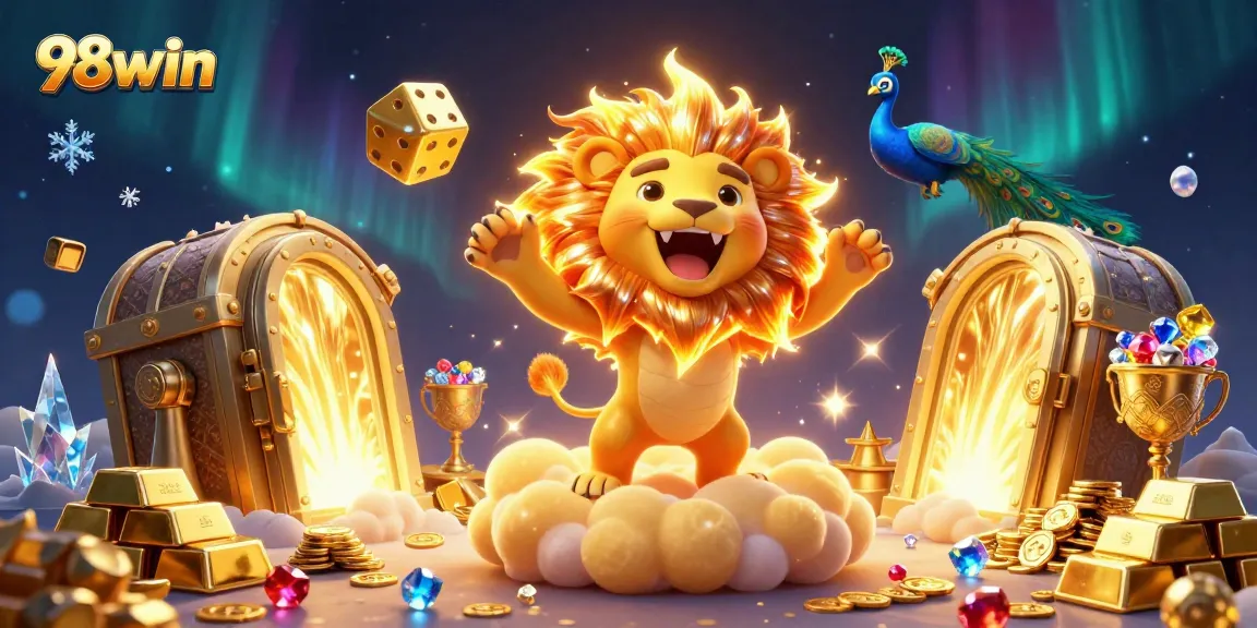 Win big with exciting games at 98win, featuring roaring lion and vibrant casino elements.