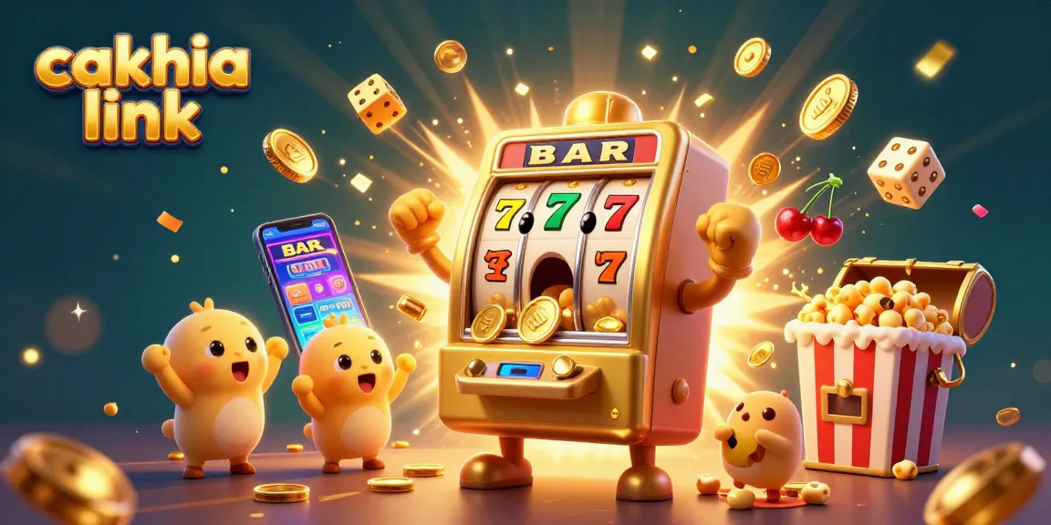 Cakhia link showcases a vibrant gambling scene with a golden slot machine hitting a jackpot, cheering baby slots, and dynamic game elements.