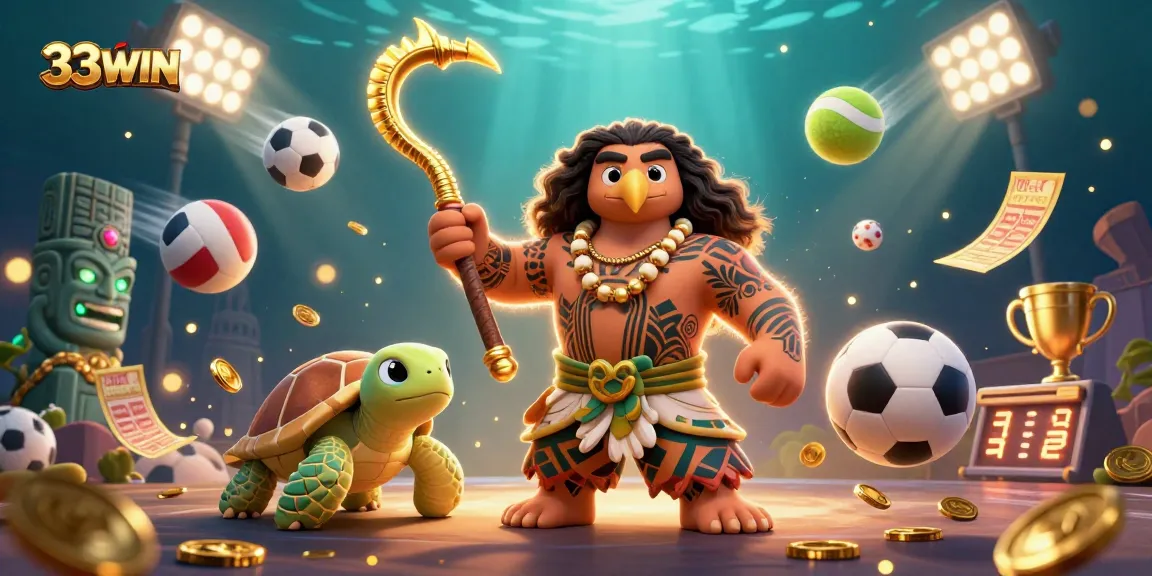 Experience the vibrant excitement of 33WIN with characters and dynamic sports elements in an engaging casino setting.