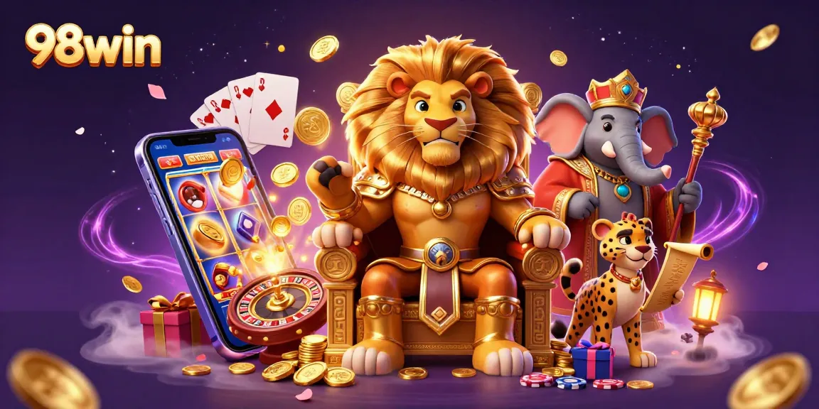 Join the adventure with 98win, where a lion king, wise elephant, and cheetah celebrate a jackpot!