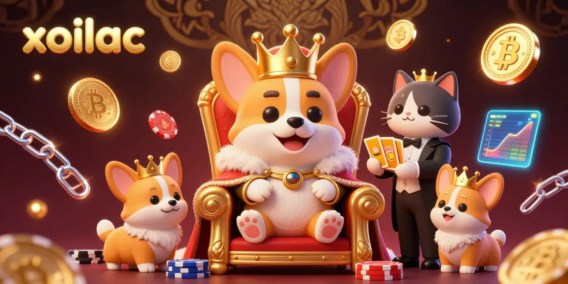 Xoilac showcases a royal corgi on a throne with poker chips, surrounded by vibrant crypto elements.