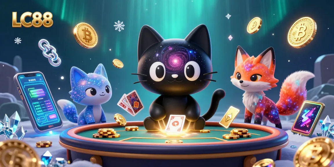 Engage with LC88's vibrant gaming scene featuring a black hole cat and nebula fox amidst glowing casino elements.