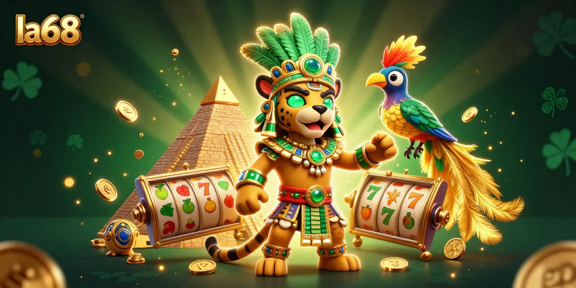 Experience la68 with dynamic slots and a majestic Mayan priest in this vibrant digital illustration.