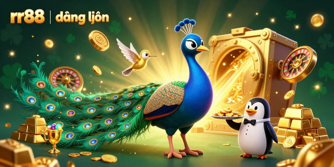 Engage in rr88 | đăng nhập with a vibrant casino scene showcasing a peacock, penguin, and hummingbird amidst rich treasures.