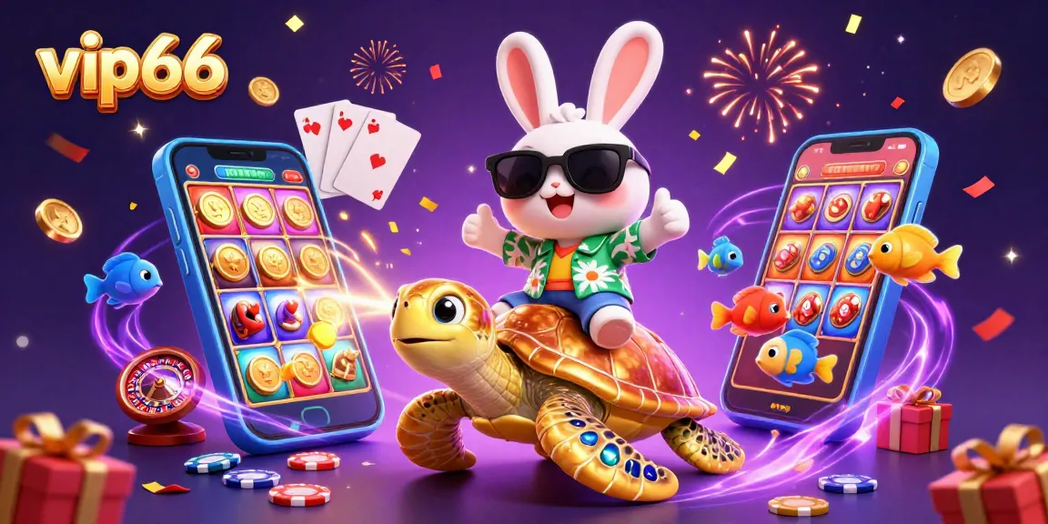 Experience the vibrant action at vip66 with a cartoon rabbit and turtle amidst casino excitement.