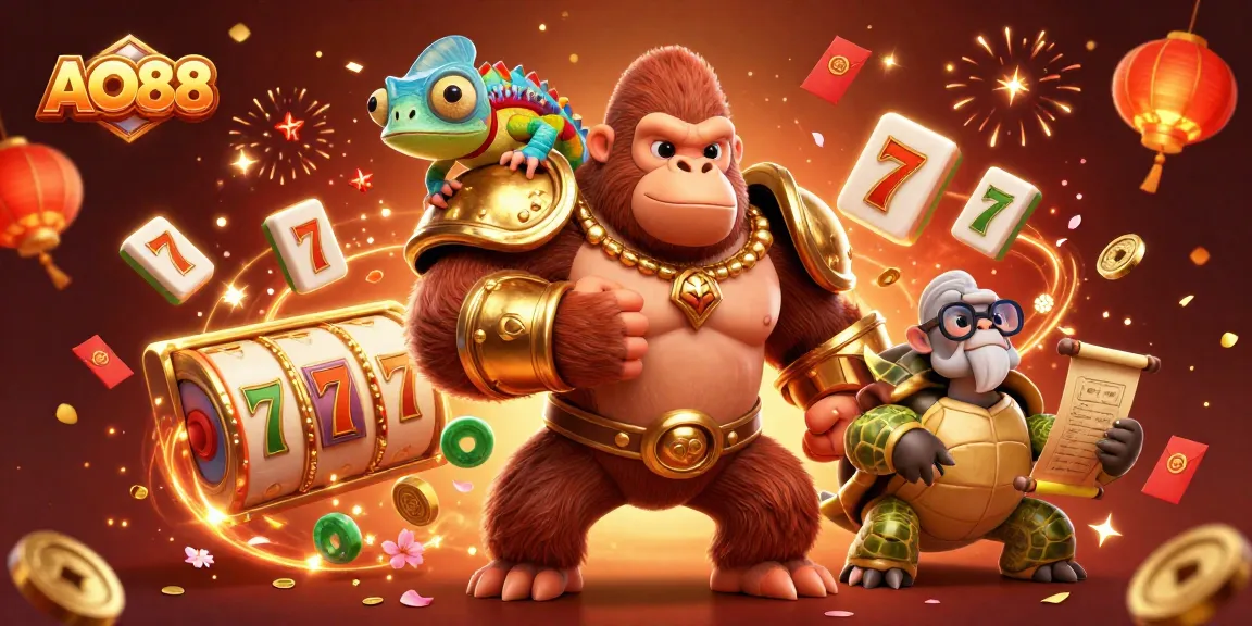 AO88 offers vibrant casino experiences with unique characters and festive elements in this dynamic illustration.