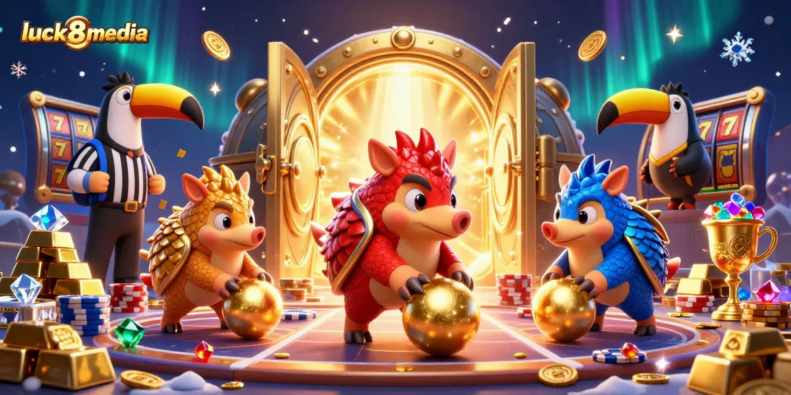 Experience thrilling gameplay with luck8media featuring animated pangolins bowling through poker chips amidst dazzling gems.