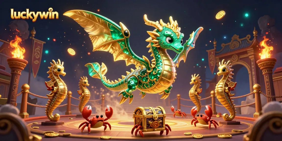 Experience thrilling action at luckywin with a majestic sea dragon amidst a vibrant casino-themed scene.