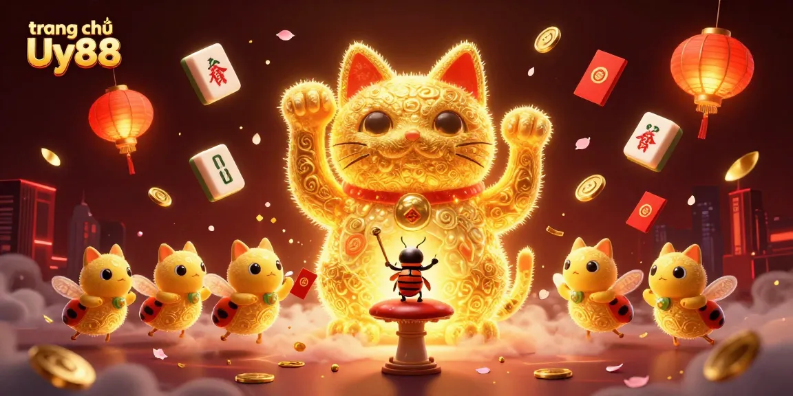 Experience the excitement of trang chủ Uy88 with playful golden fireflies forming a lucky cat amidst vibrant casino symbols.