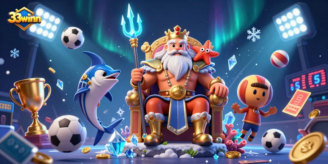 Engage in thrilling adventures at 33winn with cartoon sea king Neptune and sports elements in a vibrant casino scene.