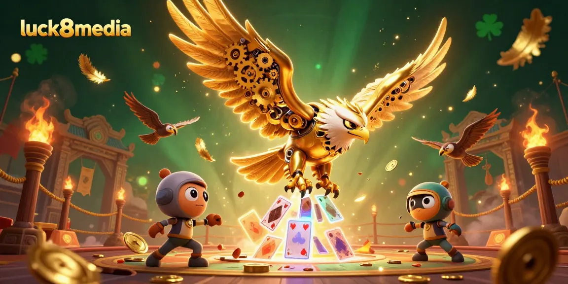 Experience thrilling gameplay at luck8media, where the cybernetic eagle dives among holographic casino symbols.