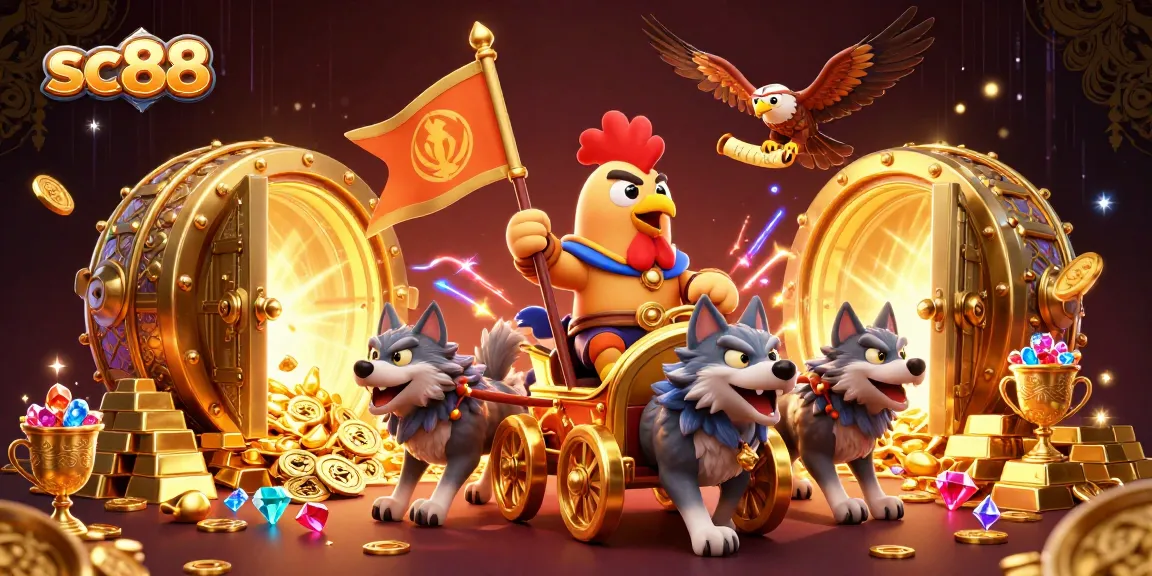 Experience thrilling wins at sc88 with a dynamic scene featuring a rooster warlord and treasures.
