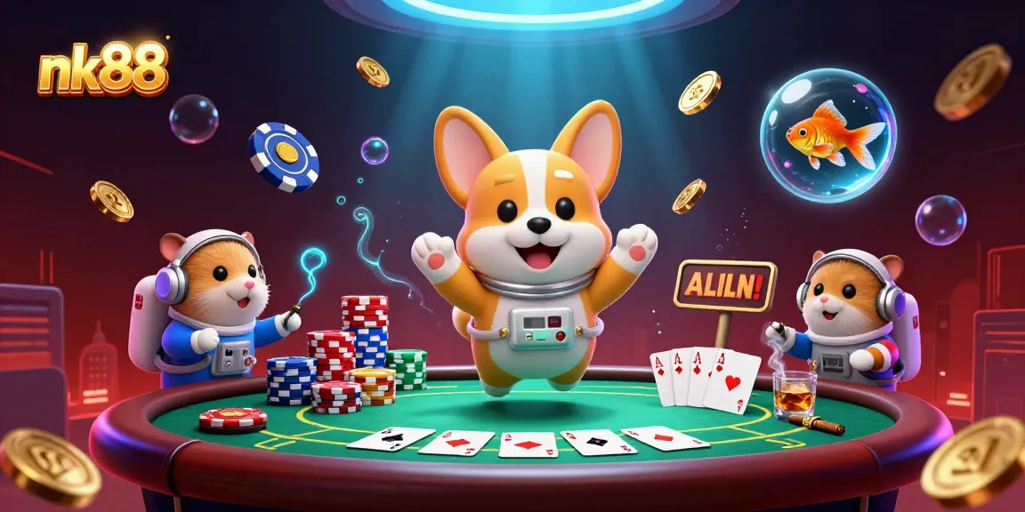 Experience excitement at nk88 with colorful floating poker chips and immersive casino elements