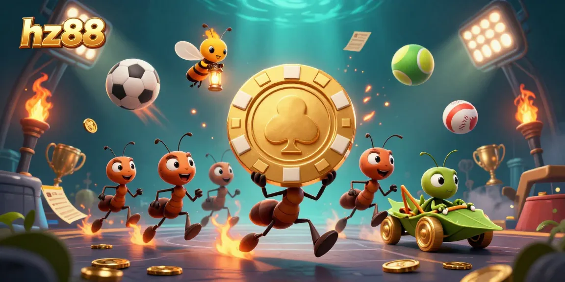 Engage with hz88's thrilling heist scene featuring ants, poker chips, and dynamic sports elements.