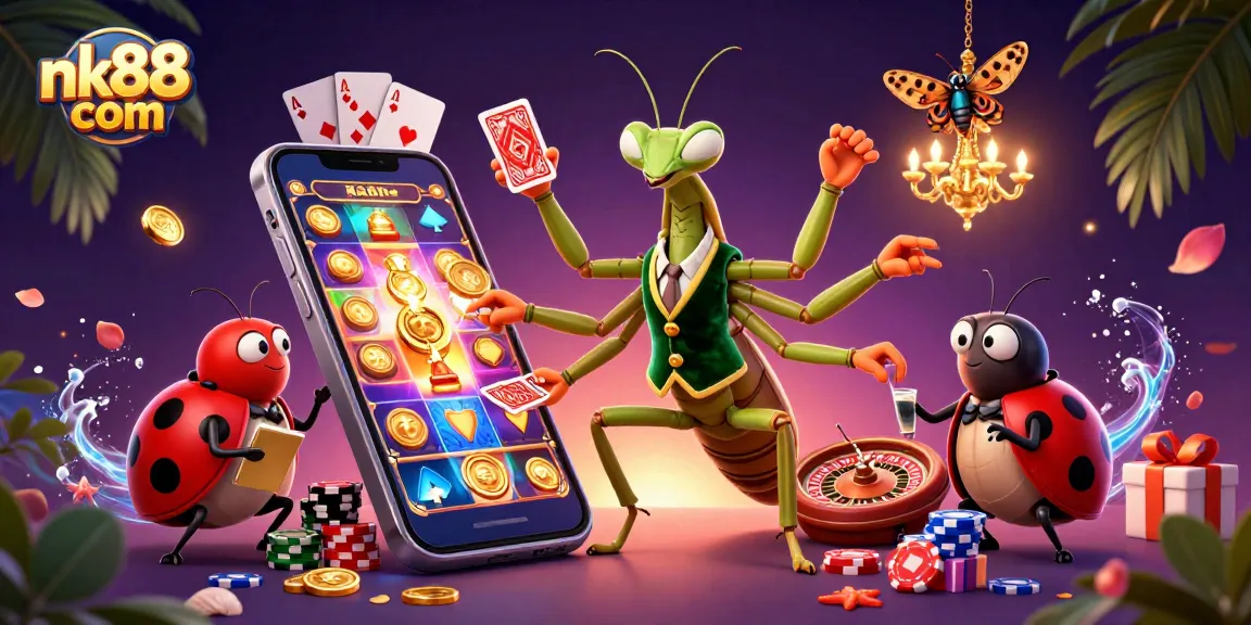 Experience the excitement of nk88 com as the giant praying mantis deals cards while vibrant slot game elements burst forth.
