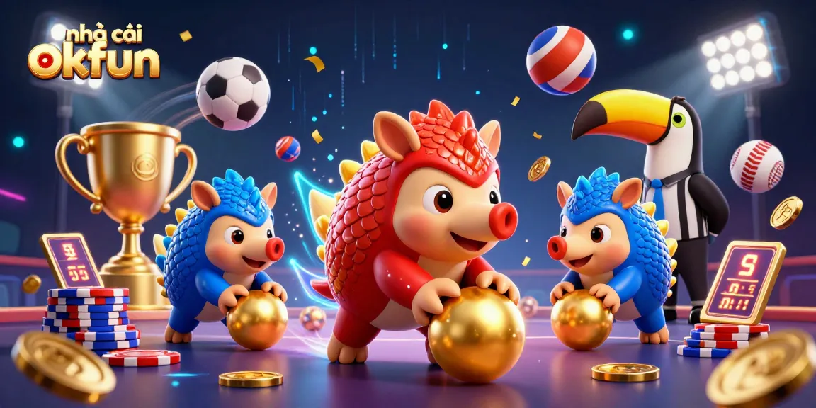 Engage in dynamic betting action with nhà cái okfun, showcasing pangolin rivals, chips, and sports elements in 3D.