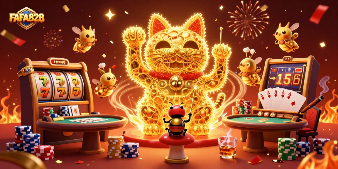 Experience the excitement of FAFA828 with dynamic symbols and engaging characters in a vibrant, casino-themed illustration.