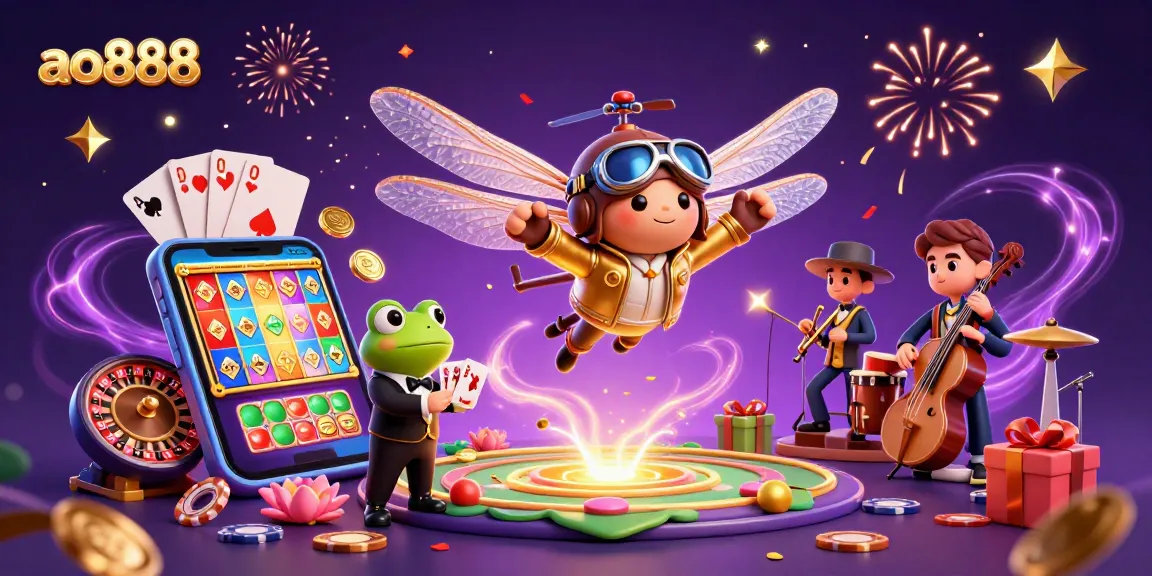 Experience thrilling casino action with ao888's vibrant dragonfly pilot and frog dealer illustration.