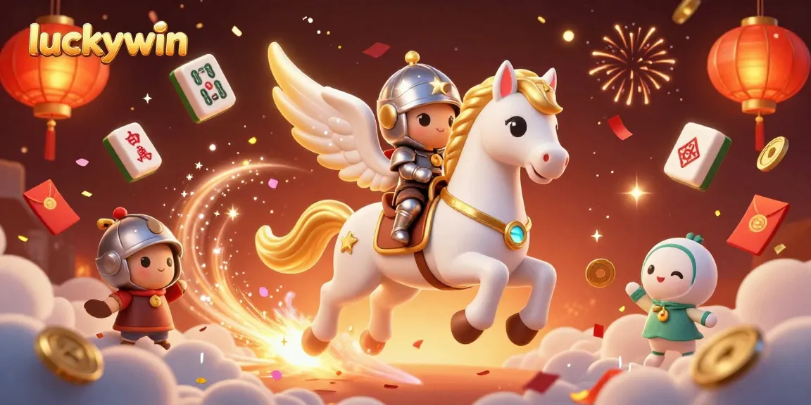 Experience the thrill of luckywin as a celestial horse and knight ride through festive clouds and rich gaming elements.