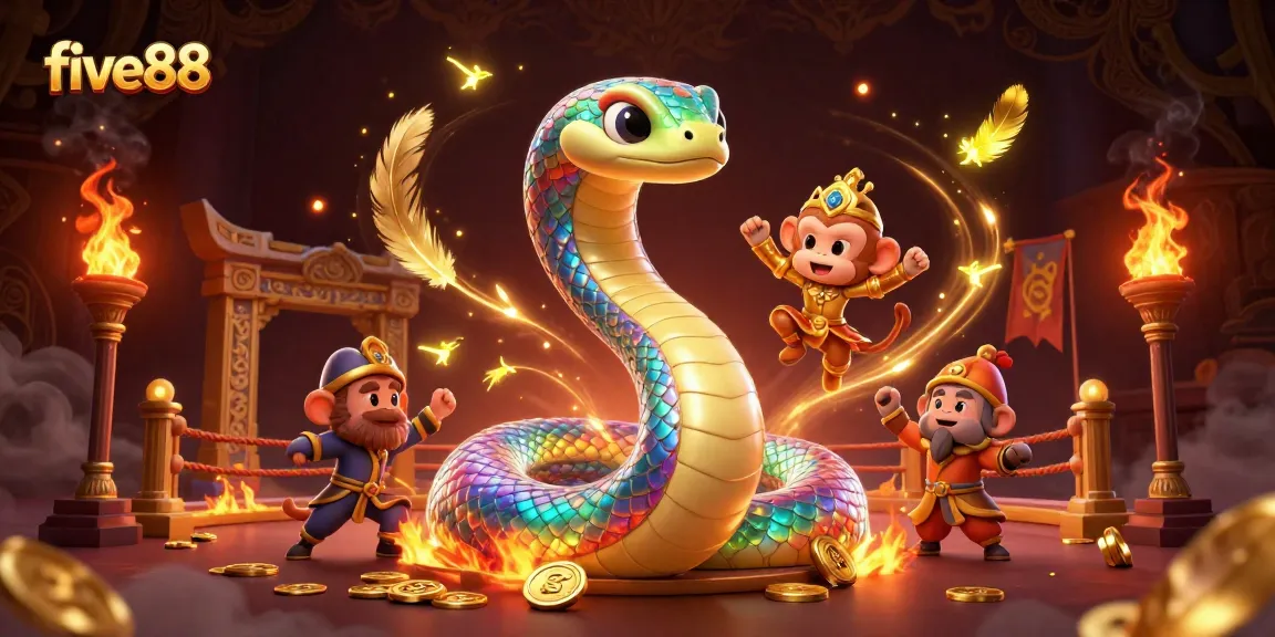 Experience five88 with a vibrant 3D scene of gambling excitement featuring a colorful serpent and monkey king.