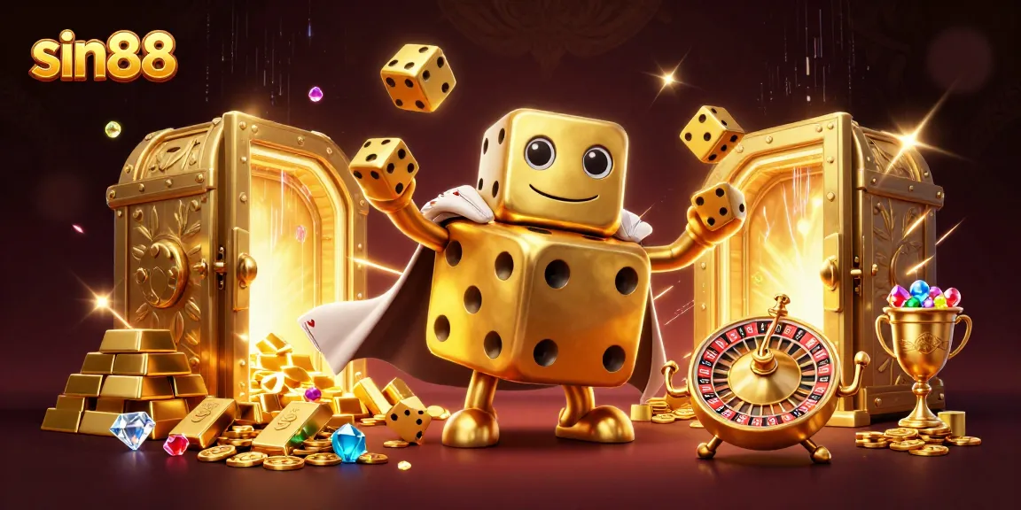 Experience thrilling gameplay at sin88 with a dynamic golden dice golem, cards, and treasures.