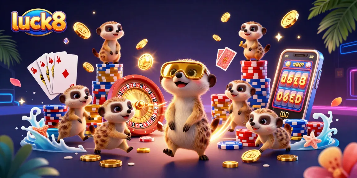luck8 meerkats managing a vibrant casino with golden coins, roulette, and colorful chips for engaging gameplay.
