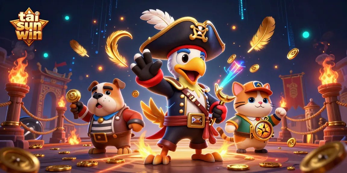 Engage in tải sun win with a vibrant scene featuring pirate and animal characters amid casino elements.