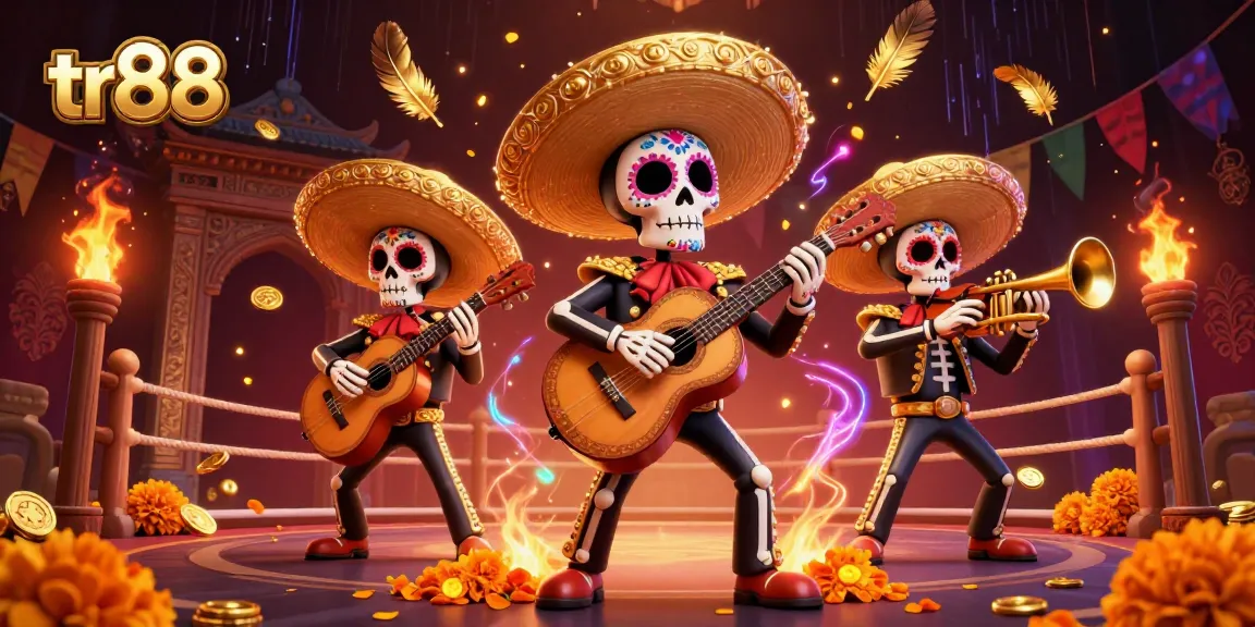 Engage with tr88's thrilling gaming scene featuring colorful skeleton mariachi characters among festive gambling elements.