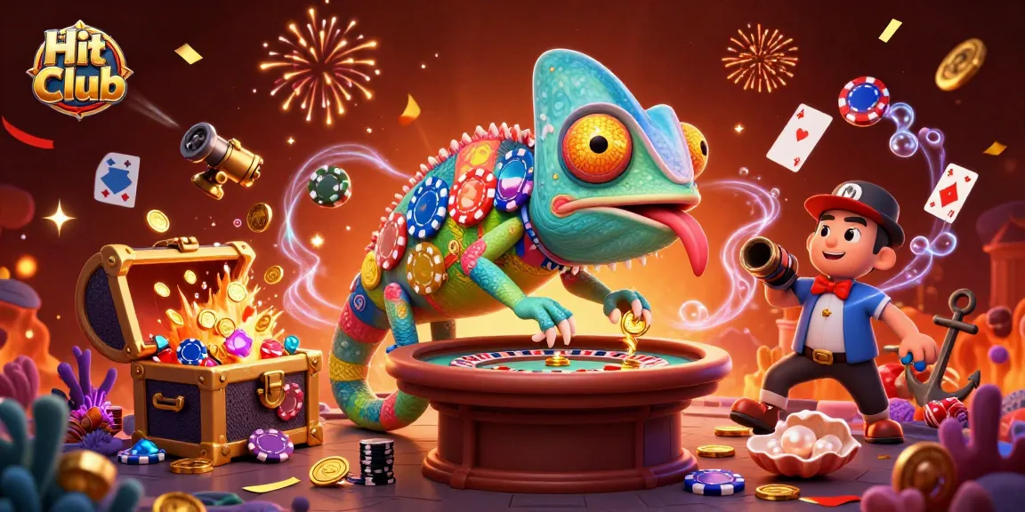 Experience thrilling gameplay at HitClub with the vibrant chameleon casino owner amidst dynamic gaming elements.