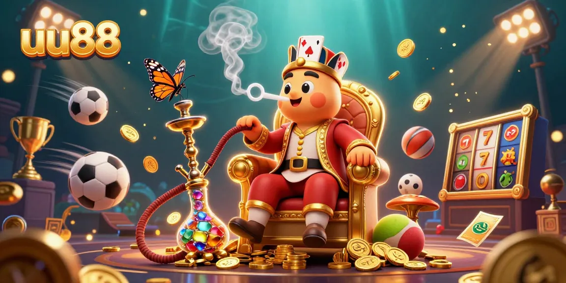 Experience the excitement of uu88's casino games with vibrant, dynamic 3D illustrations of slot symbols and sports elements.