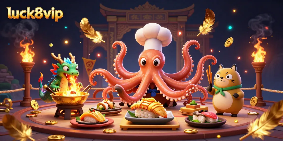 Engage in thrilling gaming with Luck8vip, featuring a vibrant scene of a sushi chef octopus and dragon.