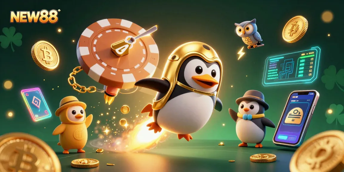 NEW88's golden penguin escapes to the cosmic casino, showering viewers with coins!
