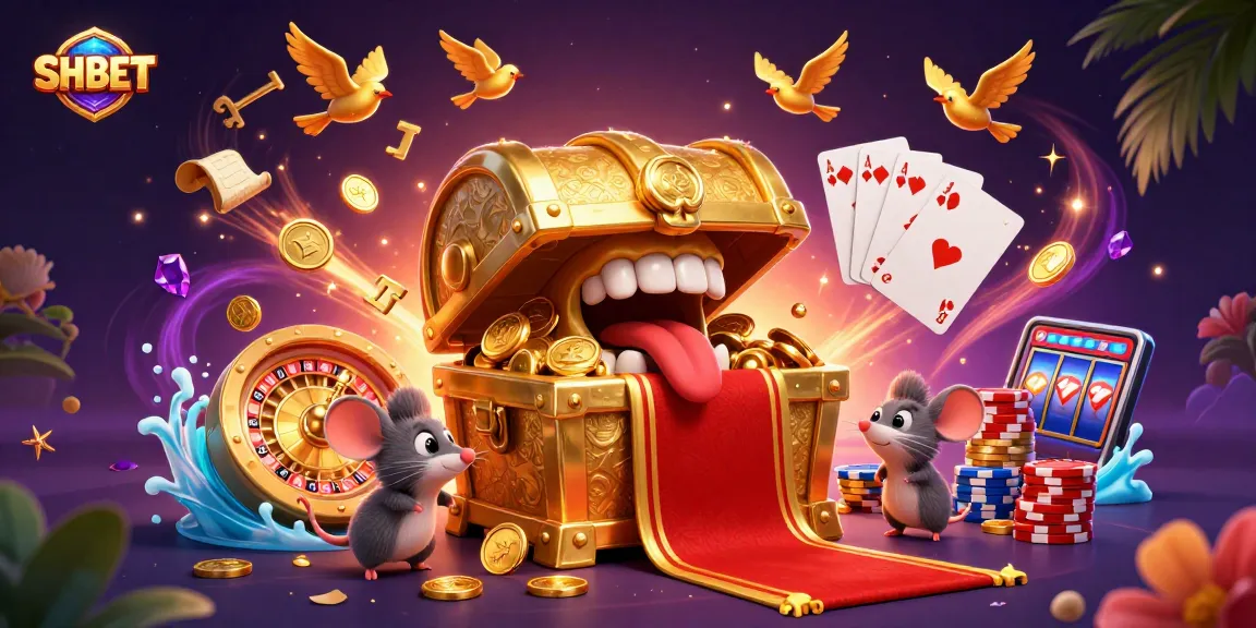 Experience riches with SHBET in a vibrant 3D casino scene featuring joyful adventure mice and enticing treasures.