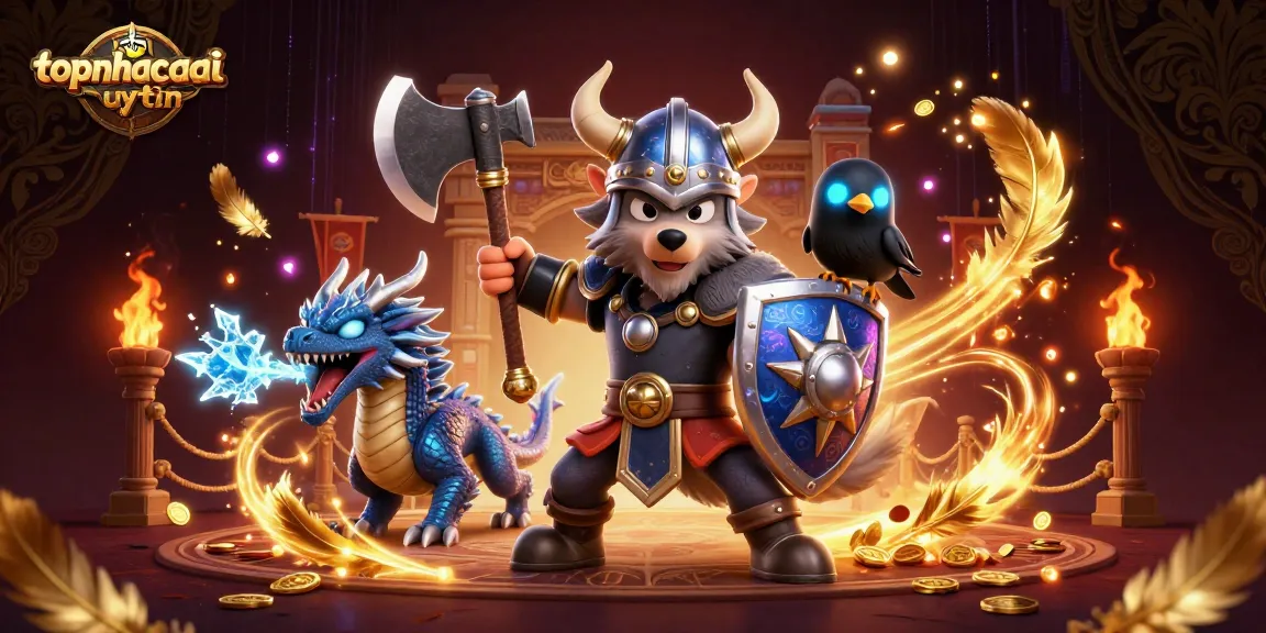 Experience thrilling action with topnhacaiuytin showcasing a Viking wolf warrior, an ice-breathing dragon, and dynamic casino elements.