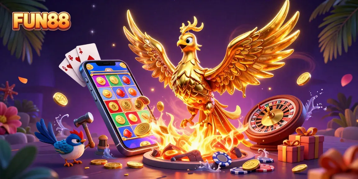 Engage with FUN88 in a vibrant casino atmosphere featuring golden slots and dynamic game elements.