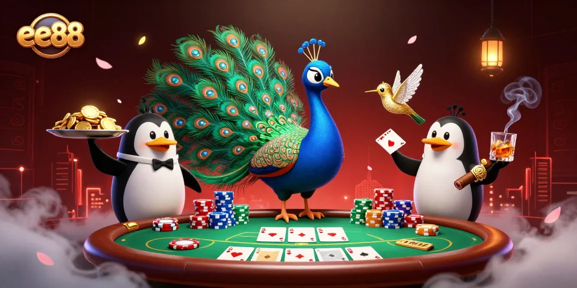 Experience thrilling poker action at ee88 with a cartoon peacock, a butler penguin, and a hummingbird.