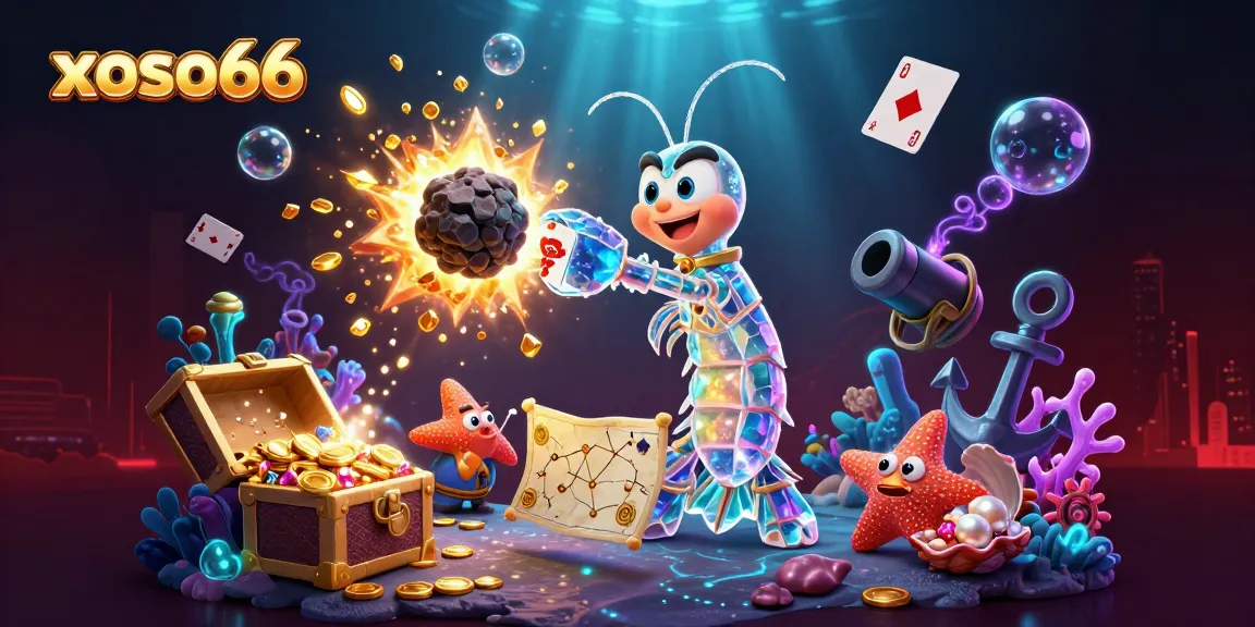 Xoso66 casino features a 3D cartoon mantis shrimp and starfish in a vibrant gambling scene with gems and treasures.
