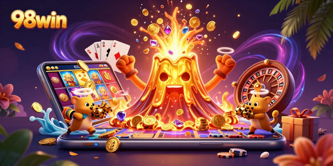 Win big at 98win with a vibrant casino scene showcasing a triumphant volcano and treasure-hunting explorers.
