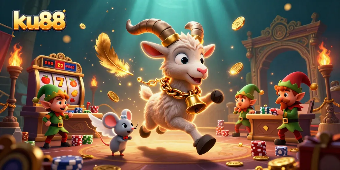 ku88 casino scene showcasing a festive Krampus goat, an angel mouse, and elf gremlins amid slot machines.