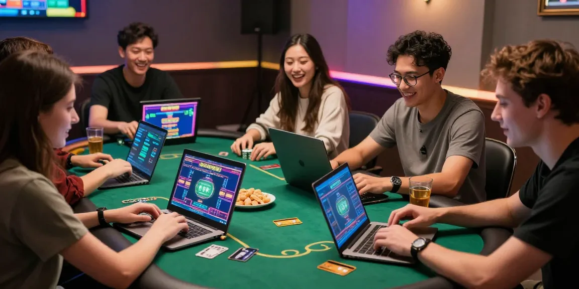 Enthusiastic group of friends playing poker at a virtual casino, showcasing credit card casinos excitement and engagement.