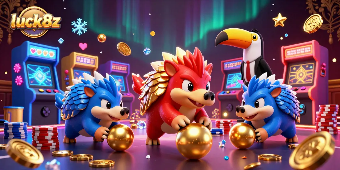 Experience excitement at luck8z as 3D pangolins roll through poker chips in a vibrant casino scene.