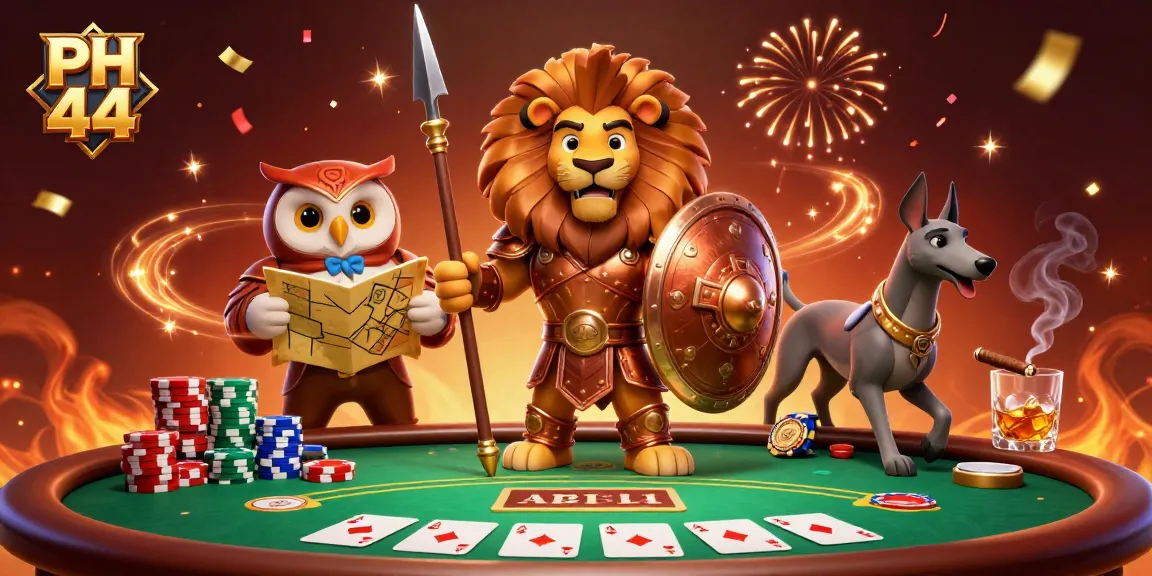 Engage in poker at PH 44, featuring vibrant characters and a dynamic casino atmosphere.