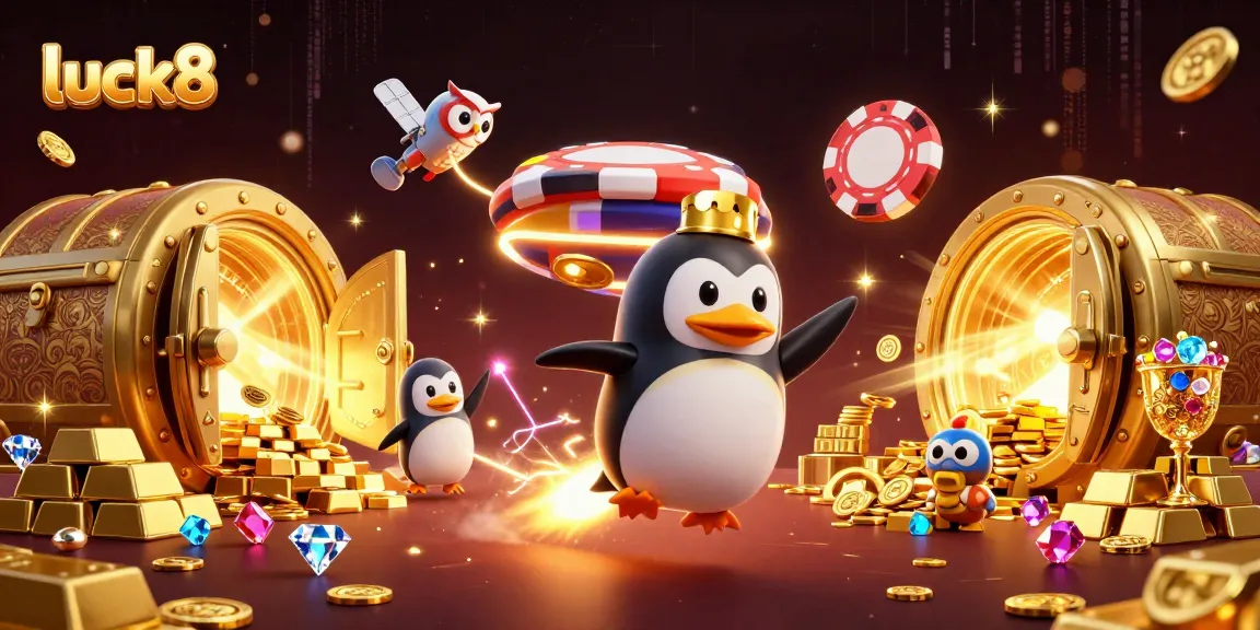 Engage in thrilling gaming adventures at luck8's casino with dynamic illustration of a golden penguin and a poker chip.